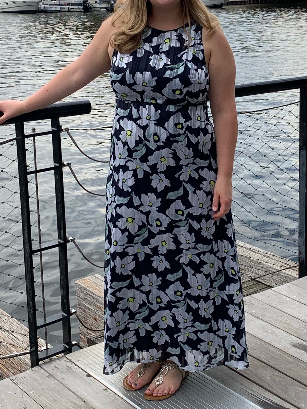 Banana Republic Navy Floral Maxi Dress with White and Green Accents